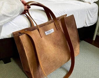 Vintage Corduroy Tote Bag for Women Casual Shoulder Purse