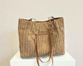 Corduroy Tote Bag Women Casual Shoulder Purse Work Commuter Shopper Zipper Handbag