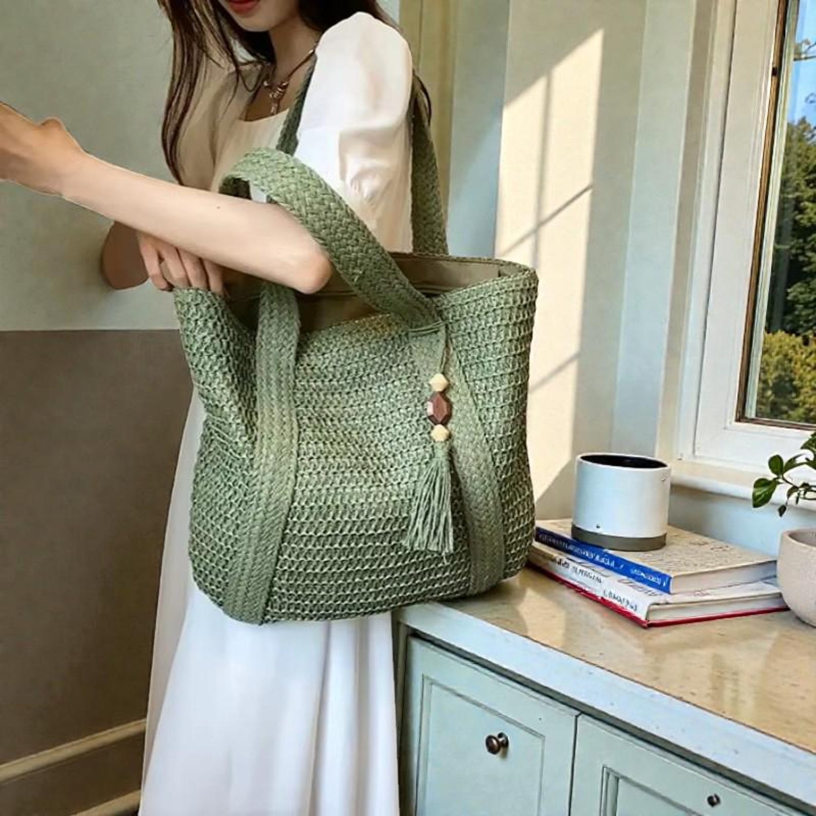 Large Woven Straw Tote Bag, Beach Basket, Coastal Summer Shoulder Bag ...