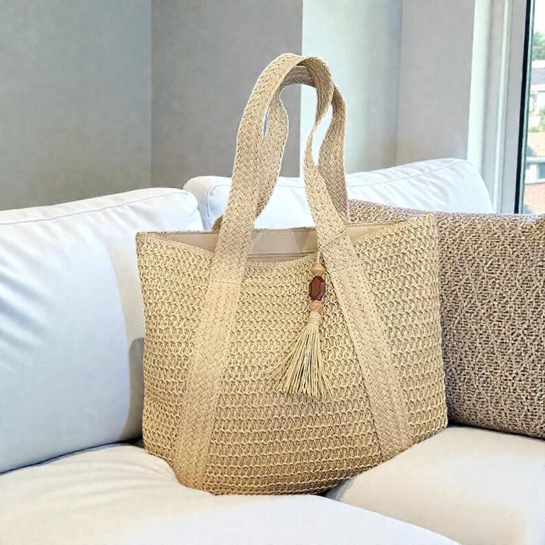 Large Woven Straw Tote Bag, Beach Basket, Coastal Summer Shoulder Bag ...