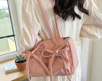 Nylon Bow Shoulder Bag: Large Capacity Commuter Tote, Korean Style Handbag