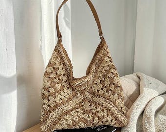 Woven Straw Satchel Bag | Medium Hollow Out Shoulder Handbag for Summer