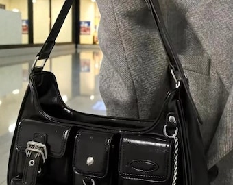 Chain Shoulder Bag: Black PU Leather Punk Crossbody Tote