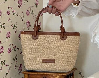 Handwoven Straw Bucket Bag, Retro Knot Handle, Coastal Summer Purse