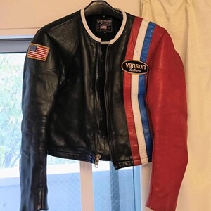 Giacca in pelle Vanson con bandiera USA, giacca da uomo in vera pelle bovina con patch americana, giacca Vanson stile street, giacca da corsa, regalo per lui