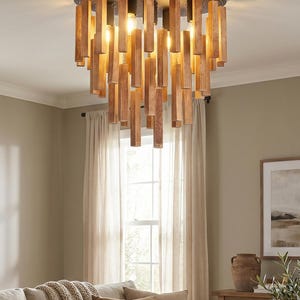 Wood flush mount ceiling light for cozy farmhouse, rustic, and boho interiors