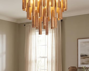 Wood flush mount ceiling light for cozy farmhouse, rustic, and boho interiors