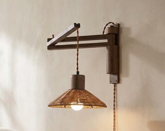 Wood Swing Arm • Rattan Shade • Japandi Lighting • Dimmable Plug-in Wall Sconce
