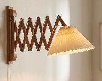Japandi Wall Lamp • Wooden Swing Arm • Pleated Shade