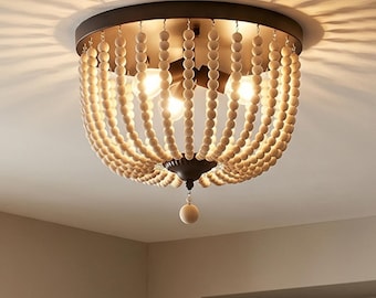 Farmhouse flush mount ceiling light with wood beads and warm vintage charm