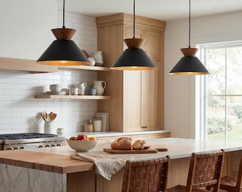 Mid Century Modern Wood Metal Pendant Light – Kitchen Dining Fixture