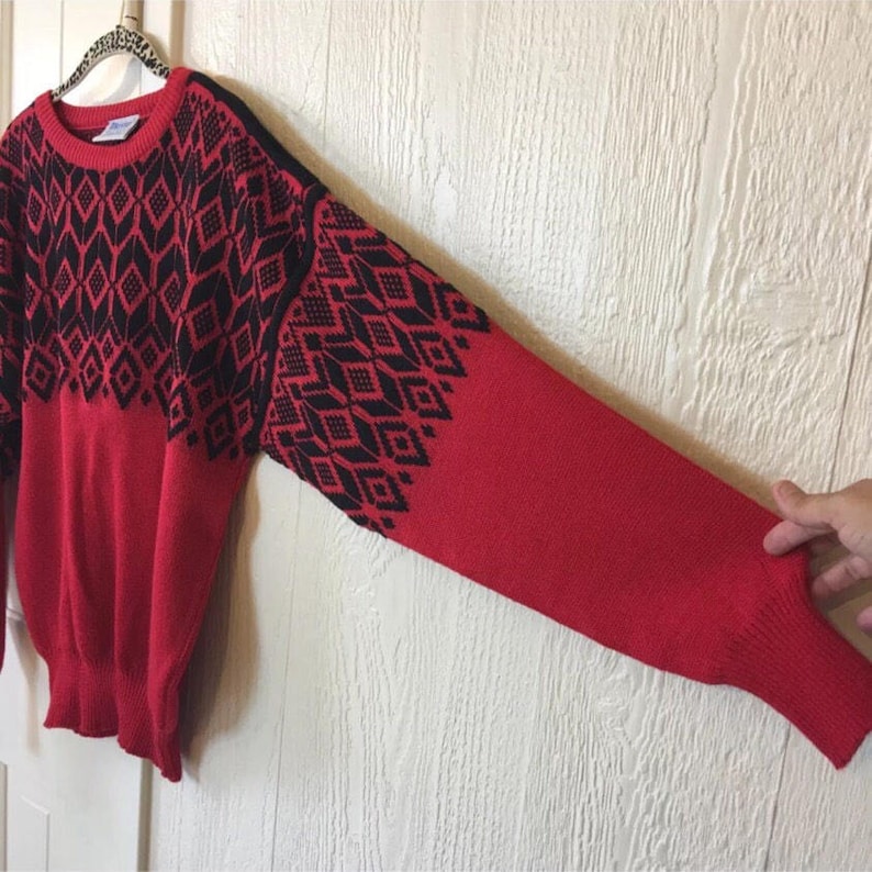 SALE Vintage Meister Nordic Ski Sweater Wool Blend Snowflake Large Black Red