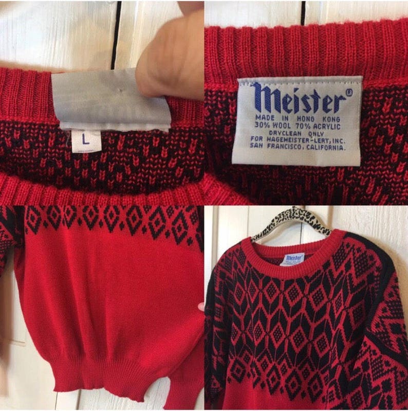 SALE Vintage Meister Nordic Ski Sweater Wool Blend Snowflake Large Black Red