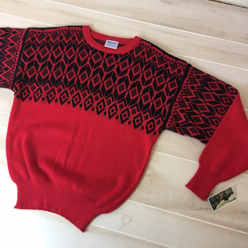 SALE Vintage Meister Nordic Ski Sweater Wool Blend Snowflake Large Black Red