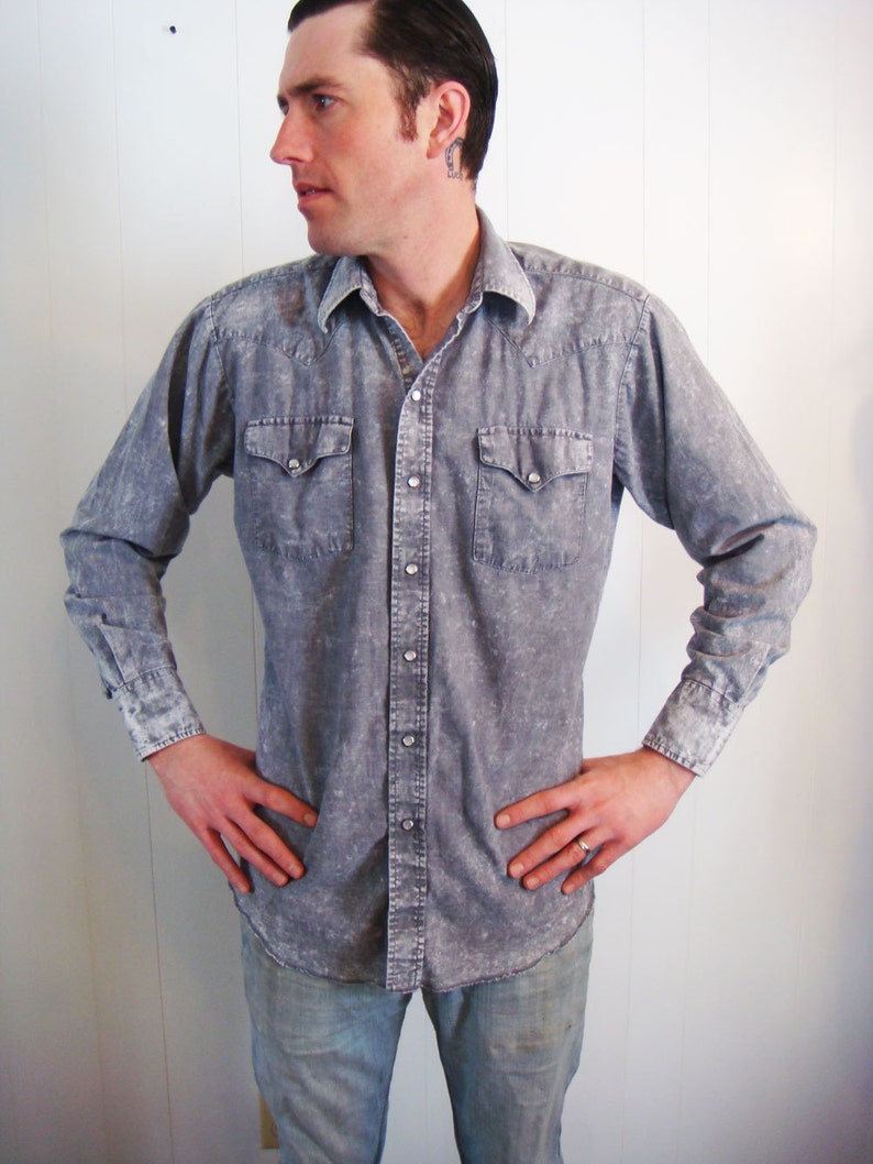 Vintage 1980s Acid Wash Western Shirt Chambray Denim Pearl Snap Size Small Medium Stone Wash image 2