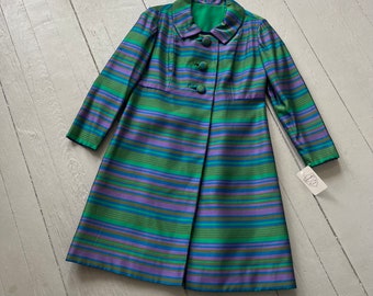 Vintage 60s Mod Raw Silk Coat | Blue Green Purple Bronze Stripe