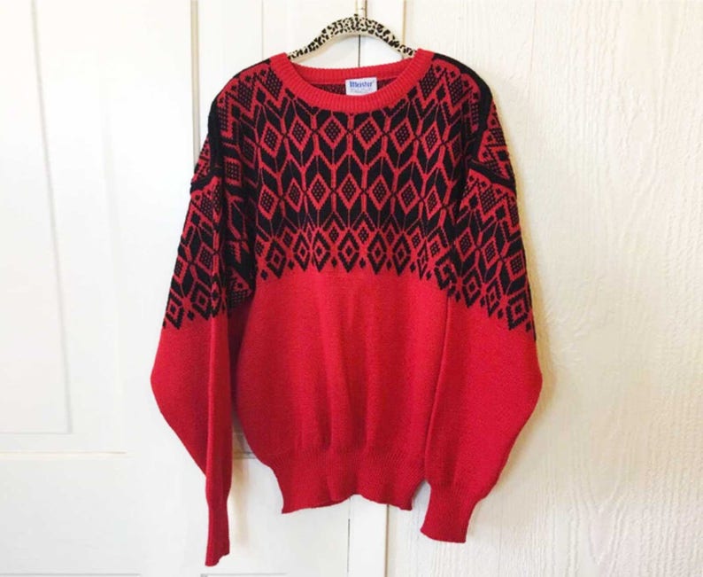SALE Vintage Meister Nordic Ski Sweater Wool Blend Snowflake Large Black Red