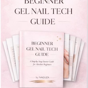May include: A pink and white book titled "BEGINNER GEL NAIL TECH GUIDE" with the subtitle "A Step-by-Step Starter Guide for Absolute Beginners" by NAGUZA. The book is surrounded by several loose pages, all on a pink background.