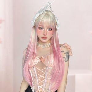 Parrucca Lunga Dritta Rosa Gradiente con Frangia