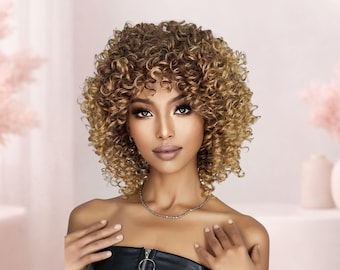 Curly Blonde Afro Wig Women Short Voluminous Ombre Wig