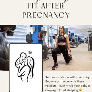 Könnte beinhalten: Das Bild zeigt ein Fitness-Handbuch mit dem Titel "Mommy & Baby Fit After Pregnancy". Das Cover zeigt eine Schwarz-Weiß-Illustration einer Mutter und eines Babys. Eine Frau trainiert mit Gewichten in einem Fitnessstudio.