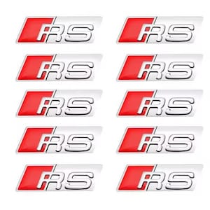 May include: A collection of ten car emblems. Each emblem features a red rectangle with the letters "RS" in silver, set against a silver background. The emblems are designed for automotive use and are displayed against a white background.