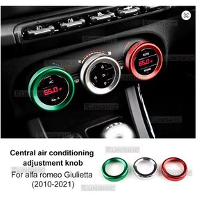 Può includere: Primo piano delle manopole di regolazione dell'aria condizionata centrale di un'auto. Le manopole sono verdi, argentate e rosse, con display digitali che mostrano le letture della temperatura. È visibile anche il testo "Central air conditioning adjustment knob" e "For alfa romeo Giulietta (2010-2021)".