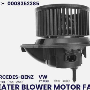 May include: A black heater blower motor fan for Mercedes-Benz Sprinter (1995-2006) and VW LT MKII (1996-2006) vehicles. The image shows the fan's housing, blades, and electrical connector. The OE number is 0008352385.