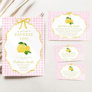Can't Wait To Squeeze You Baby Shower Invitation Bundle, Lemon Invite, Diaper Raffle, Books For Baby, Thank You Card, Citrus Girl, Editable
