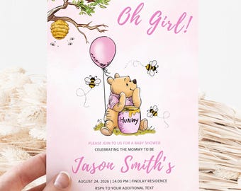 Winnie the Pooh Baby Shower Invitation: Pink Girl Hunny Bee Theme (5x7 Printable Editable Canva Template)