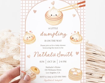 Dumpling Baby Shower Invitation: Beige Gender Neutral Bao Dim Sum Theme, A Little Dumpling is on the way (5x7 Printable Canva Template)