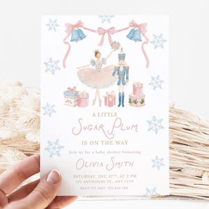 Little Sugar Plum Baby Shower Invitation, Winter Christmas Gender Neutral Nutcracker Invite, Snowflake blue pink, Editable Canva Template