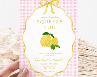 Can't Wait To Squeeze You Baby Shower Invite, Lemon Baby Shower Invitation, Citrus Baby Girl Shower, Pink Gingham, Editable Canva Template
