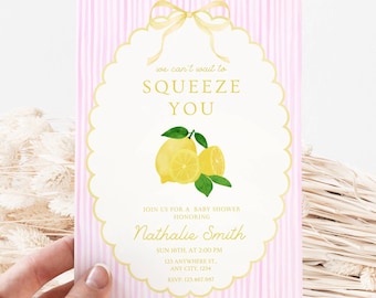 Can't Wait To Squeeze You Baby Shower Invite, Lemon Baby Shower Invitation, Citrus Baby Girl Shower, Pink Striped, Editable Canva Template