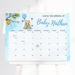 Editable Winnie the Pooh Baby Shower Guess the Baby's Arrival, We Can Beaverlike Wait Baby Shower Due Date Calendar, Blue Boy Boho Bear