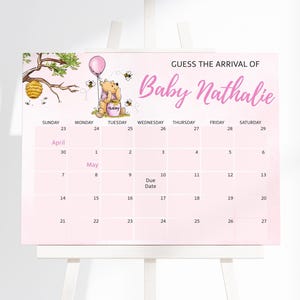 Editable Winnie the Pooh Baby Shower Guess the Baby's Arrival, We Can Beaverlike Wait Baby Shower Due Date Calendar, Pink Girl Boho Bear