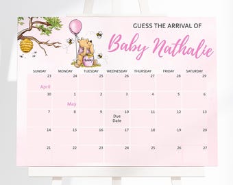 Editable Winnie the Pooh Baby Shower Guess the Baby's Arrival, We Can Beaverlike Wait Baby Shower Due Date Calendar, Pink Girl Boho Bear
