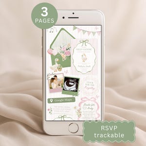 Könnte beinhalten: Ein Smartphone-Bildschirm zeigt eine dreiseitige digitale Babyparty-Einladungsvorlage. Das Design umfasst salbeigrüne und zartrosa Akzente, eine Gänseillustration, florale Grafiken, einen Fotoplatzhalter und Text, darunter A little SILLY GOOSE is on the way, Click for the Registry und Books for Baby.