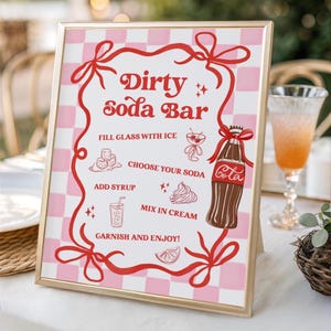 Dirty Soda Bar Sign, She's Ready to Pop Baby Shower, Party Sign Soda Bar Instruction Directions Coke Boy Girl Bow Theme, Retro, Decor Pink