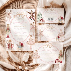 Könnte beinhalten: Ein Set aus Babyparty-Papeterie mit Nussknacker- und Ballerina-Illustrationen in Rosa und Gold. Die Karten enthalten Text für die Babyparty, Geschenkeliste, Windel-Tombola und Bücherwünsche, alles umrahmt von einer goldenen Schleife.