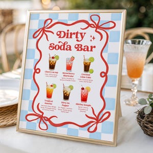 May include: A framed sign with a light blue and white checkered background featuring the red text Dirty Soda Bar. It lists six drink recipes with illustrations: Cherry on top, Strawberry Shortcake, Coconut Lime Coke, Tropical Sunrise, Dirty Dr. Pepper, and Shirley temple.