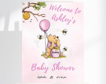 Winnie the Pooh Baby Shower Welcome Sign, A Little Hunny is on the Way, Oh Baby, Girl Baby Shower Sign, Baby Shower Invites, Girl Party