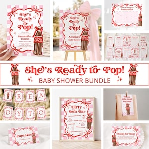 Könnte beinhalten: Ein Babyparty-Set mit rosa-weißem Karomuster, roten Schleifenakzenten und Sodaflaschen-Illustrationen. Das Set enthält Schilder, Spielkarten, ein Banner und Etiketten mit Texten wie She's Ready to Pop, Dirty Soda Bar und Cupcakes.