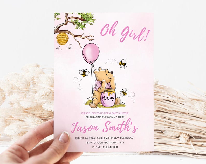 Winnie The Pooh Pink Baby Shower Invitation Girl