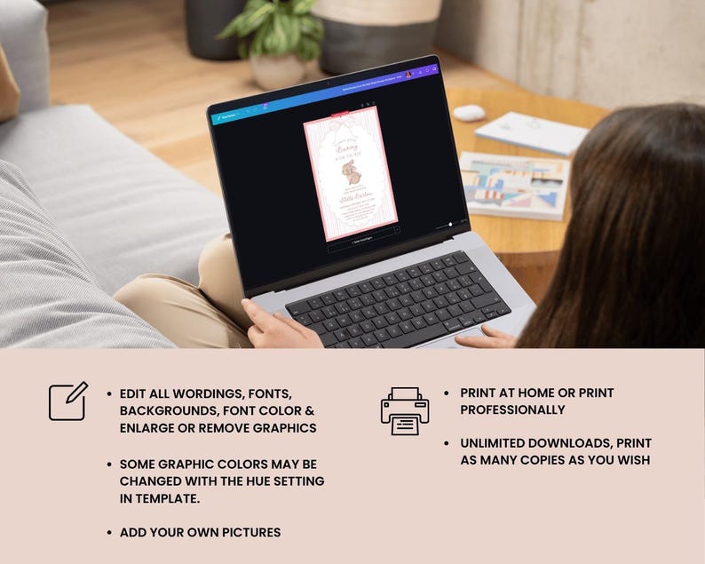 May include: A laptop displaying a pink and white invitation design. The screen shows a template with text and graphics. The laptop is on a person's lap. The image also includes text: "Edit all wordings, fonts..." and "Print at home or print professionally."