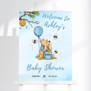 Winnie the Pooh Baby Shower Welcome Sign, A Little Hunny is on the Way: Blue Boy Poster (Editable Canva Template)