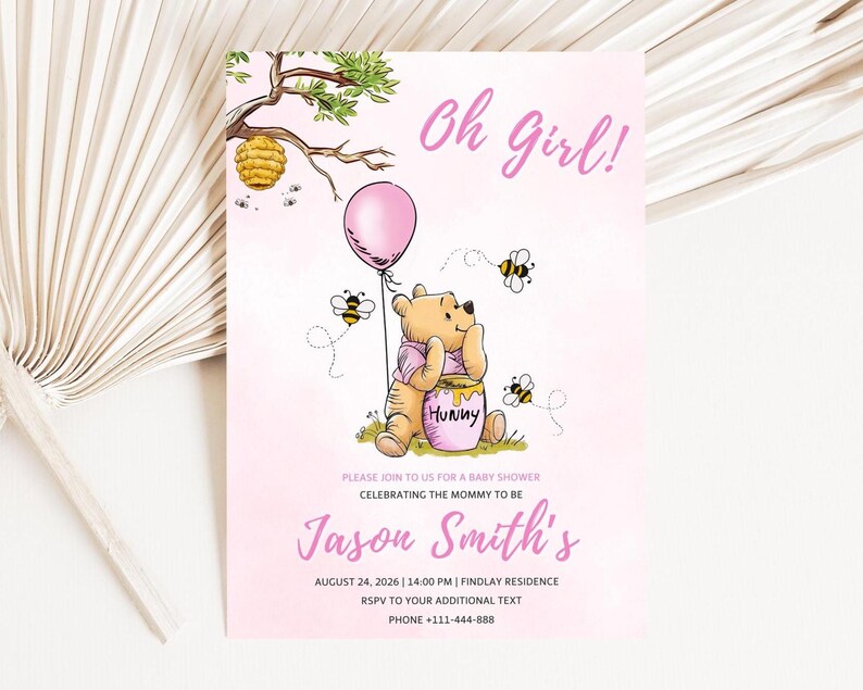 Winnie The Pooh Pink Baby Shower Invitation Girl