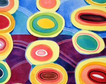 Hovering Yellow Suns, Large framed watercolor, abstract painting