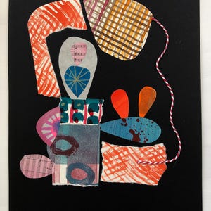 collage on black paper with string, original mixed media collage