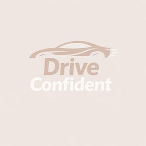 以下が含まれることがあります： ライトブラウンの車のシルエットと動きの線が特徴のロゴ。 下には「Drive Confident」の文字がライトブラウンと白のフォントで表示されています。 背景は淡いベージュ色で、シンプルでモダンなデザインです。